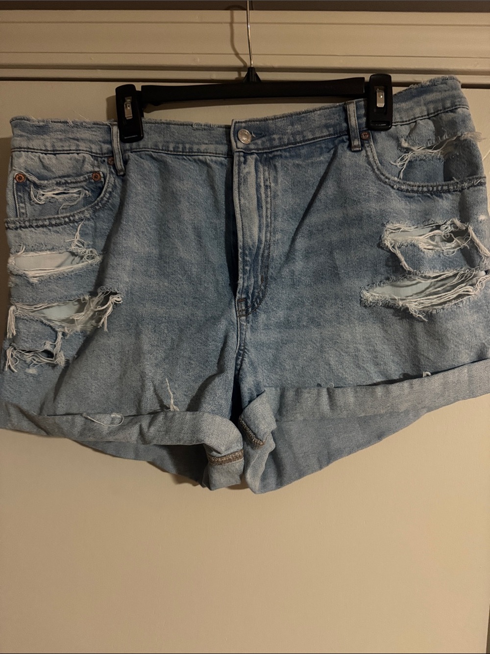 American Eagle Outfitters Light Wash Distressed Rolled-Hem Jean Shorts